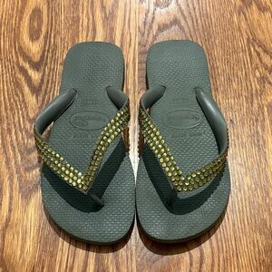 Green Flip Flops with Rhinestone Straps